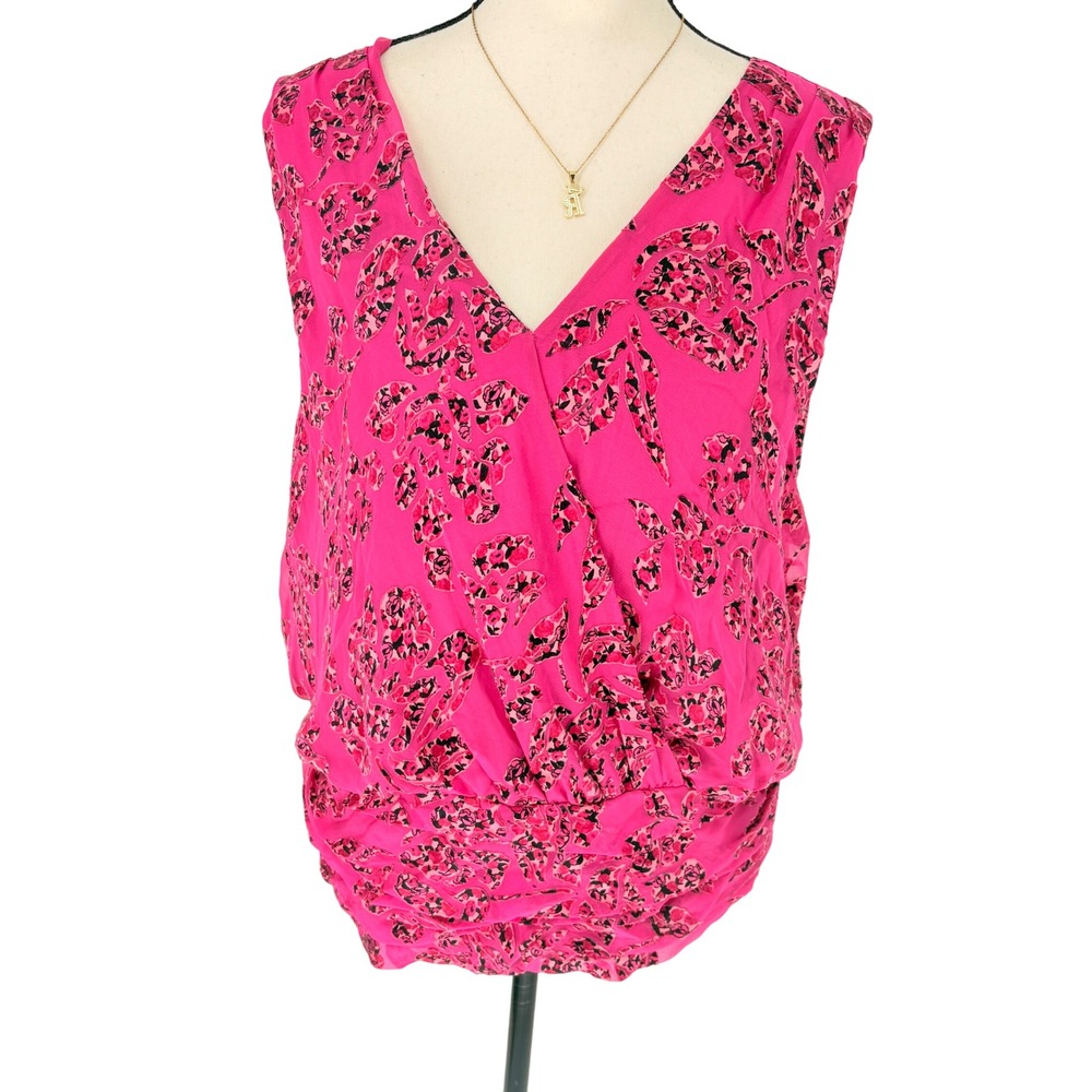White House Black Market Pink Floral Sleeveless Blouse Top Smocked Waist XL‎